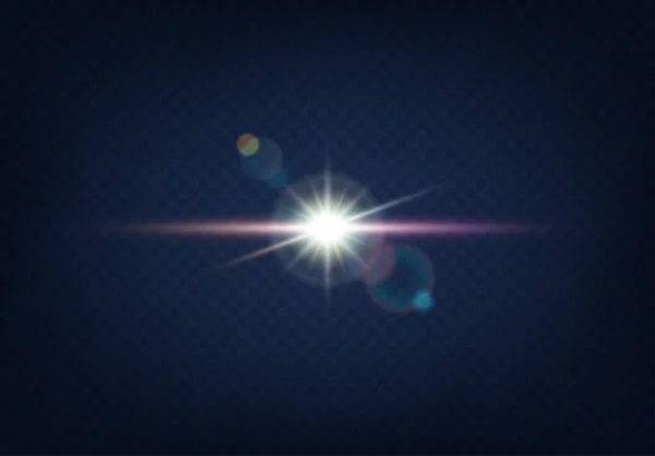Realistische Linse fackelt Sternenlichter auf und leuchtet bunte Bokeh-Elemente auf blauem Hintergrund — Stockvektor
