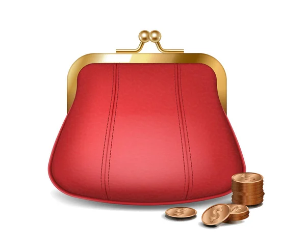 Реалистичный красный кошелек с золотыми монетами для хранения денег. Стильный женский кожаный бумажник или бумажник — стоковый вектор