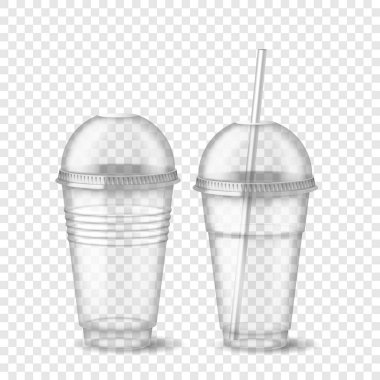 Gerçekçi 3D boş plastik tek kullanımlık bardak küre kapağı ve saman izole