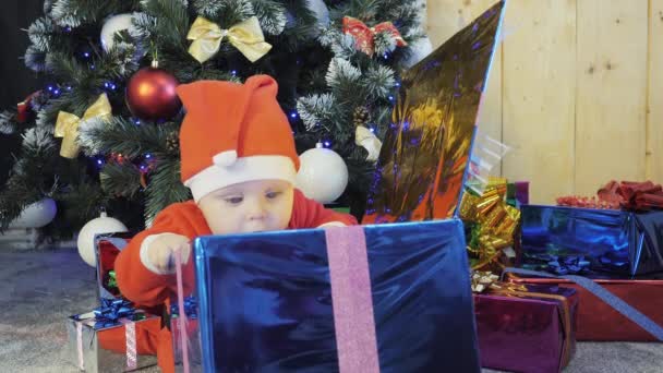 Enfant regarde dans une boîte avec des cadeaux près du sapin de Noël — Video