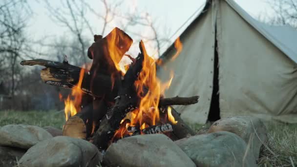 저녁에 텐트를 치고 불을 피우는 모습 — 비디오