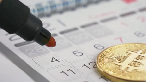 Kryptowährung Bitcoin und roter Kreis markieren Kalender — Stockvideo