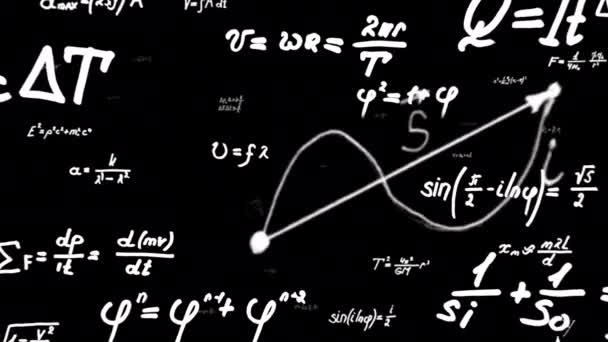 Matemáticas voladoras y fórmulas físicas, símbolos, funciones y ecuaciones — Vídeo de stock