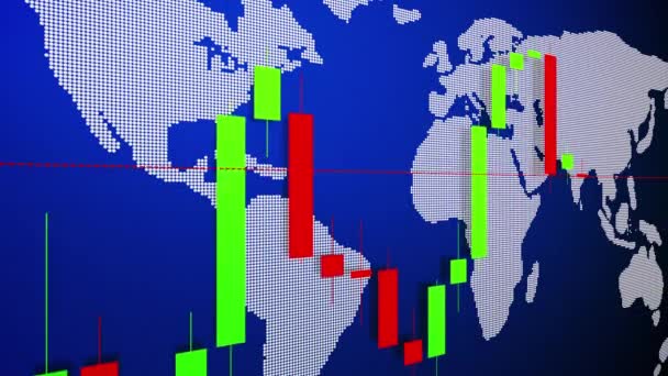 Gyertyatartó chart világtérképpel a háttérben — Stock videók