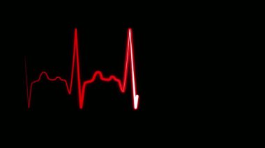 EKG monitörü kırmızı çizgilerle sürekli bir kalp atışı ritmi sergiliyor. Siyah bir arkaplana karşı kalp aktivitesini gösteriyor. Hayati belirtileri etkin bir şekilde gösteriyor..