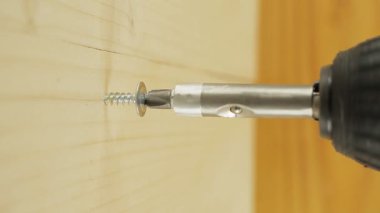 Tahta bir tahtaya vida saplarken yakın planda bir tornavida gösterilir. Araç vida ile meşgul, malzeme birbirine bağlama eylemi göstermek.