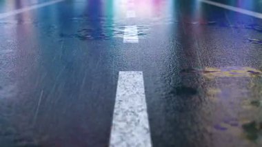 Islak asfalt gece parlak ışıkları yansıtır. Yağmur parlak bir doku oluşturarak, şehir manzarasını renklerle harmanlıyor. Döndürülebilir canlandırma