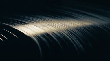 Vinil plak kanallarının yakın çekim görüntüsü karmaşık tasarım ve dokuyu vurguluyor. Işığın yumuşak parıltısı detayları güçlendirir, loş bir çevrede çarpıcı bir görsel etki yaratır..