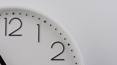 Bir duvar saatinin zaman akışı, eller hızlı hareket ederken kadranın sadece sol üst kısmını gösteriyor, bu da hızlı bir zaman geçirme etkisi yaratıyor. Minimalist beyaz tasarım ve pürüzsüz animasyon.
