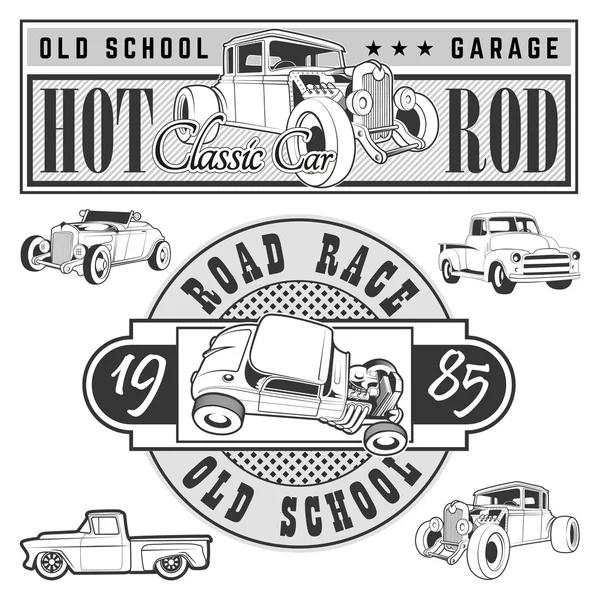 Vintage carrera de coches para printing.vector vieja escuela carrera poster.retro carrera de coches set.T-shirt impresión diseños — Vector de stock