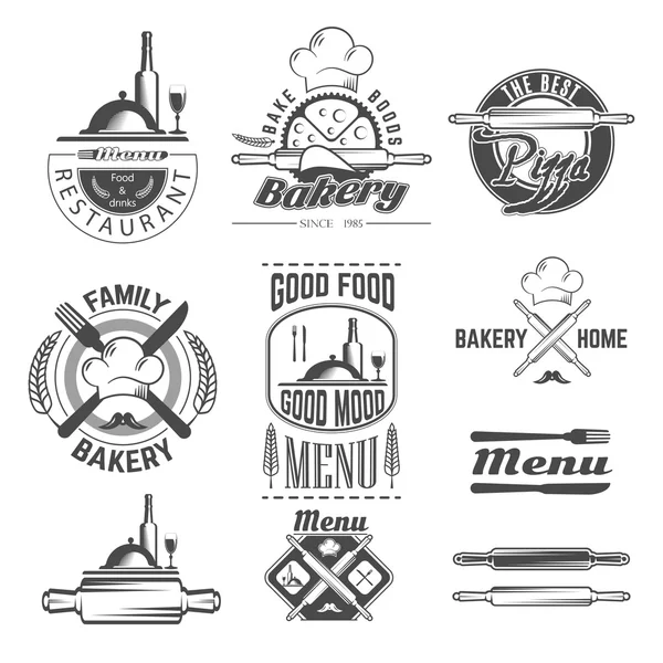 Ensemble d'emblèmes vintage noir et blanc de boulangerie et carte de menu — Image vectorielle