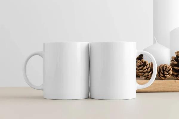 Two White Mugs Mockup Candles Table Christmas Decoration — Stock Photo, Image