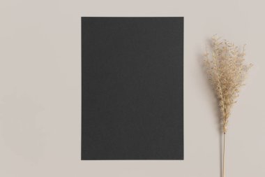Bej bir masanın üzerinde kurumuş çimen süslemesi olan siyah davetiye maketi. 5x7 oranı, A6, A5 'e benziyor..