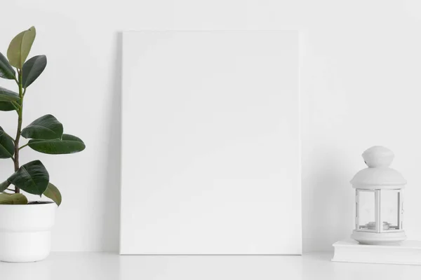 White Canvas Mockup Ficus Plant Candle Table — Stock Photo, Image