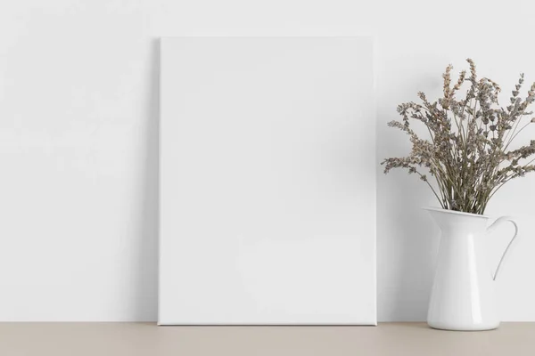 White Canvas Mockup Lavender Beige Table — Stock Photo, Image