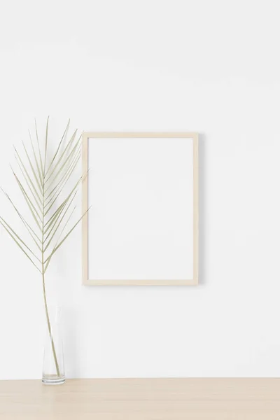 Wooden Frame Mockup Wall Palm Leaf — Stock Photo, Image
