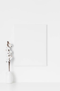 Beyaz tuval, duvarda pamuk bir dalla süslenmiş..
