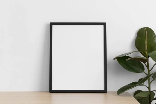 Black Frame Mockup Wooden Table Ficus Plant — Stock Photo, Image
