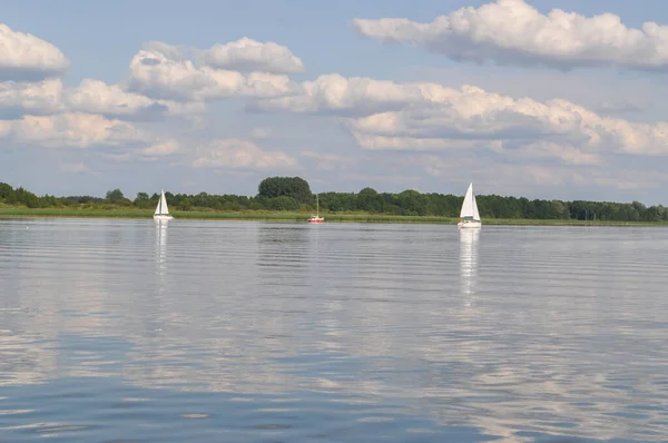 Segelboot Schwimmt Auf Dem See Und Blauer Himmel Segelt — Stockfoto