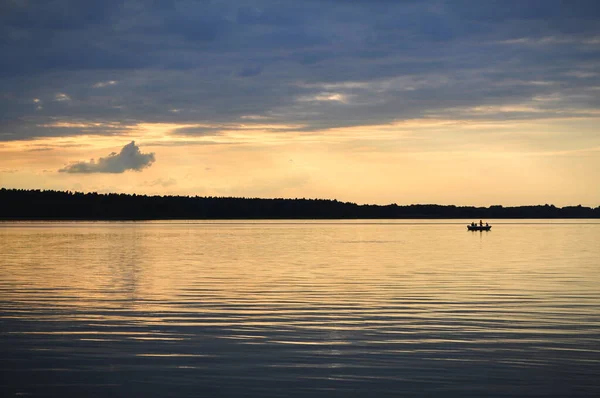 Coucher Soleil Sur Lac Polonais Masurie Bateau Solitaire Sur Lac — Photo