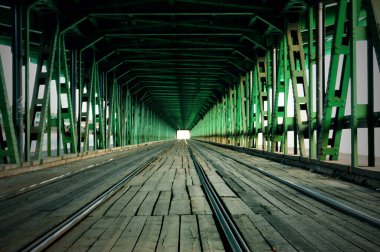 Varşova Polonya 'da yeşil demir kiriş ve ahşap nehir üzerindeki tren köprüsü
