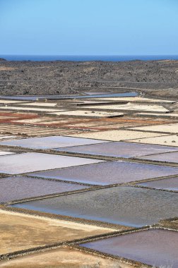 Salinas de Janubio 'nun renkli tuz kapları;