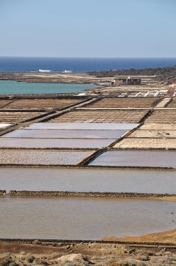 Salinas de Janubio 'nun renkli tuz kapları;