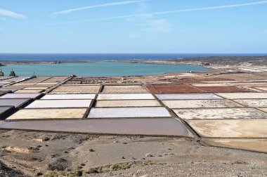 Salinas de Janubio 'nun renkli tuz kapları;