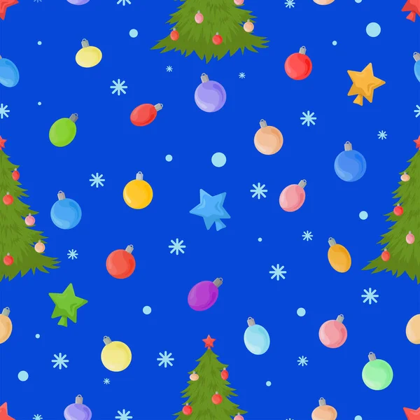 Nahtloses Muster Mit Weihnachtskugeln Und Bäumen Auf Blauem Hintergrund Neujahrsschmuck — Stockvektor