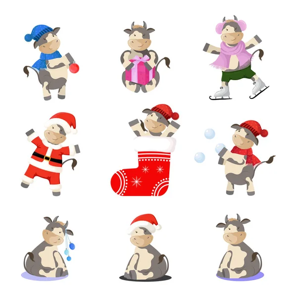 Nový Rok Vtipnými Kreslenými Býky Roztomilé Postavy Býků Zimních Prázdninách — Stockový vektor