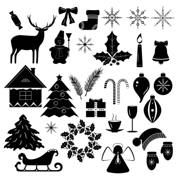 Noel ve yeni yıl siluetleri beyaz arka planda. Kış tatili sezonu için düz ve minimalist tasarım. Vektör simgeleri koleksiyonu.