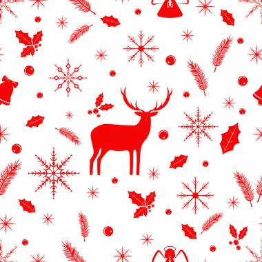 Seamless pattern with winter symbols in red color. New Year and Christmas ornament with deers, angels, bells, snowflakes, pine branches. Templates on white and transparent background.
