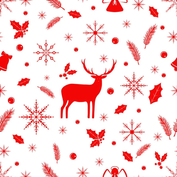 Seamless pattern with winter symbols in red color. New Year and Christmas ornament with deers, angels, bells, snowflakes, pine branches. Templates on white and transparent background.