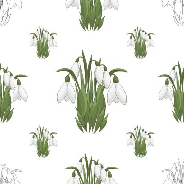 Kar damlaları kusursuz desen. Bahar çiçekleri beyaz ve şeffaf arkaplanda süslenir.