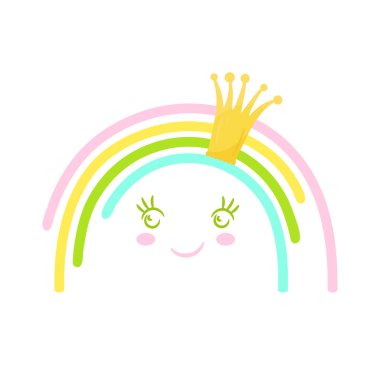 Taçlı şirin gökkuşağı çizimi. Komik çocuksu karakter..