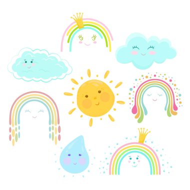 Güneş, bulut, gökkuşağı, su damlası koleksiyonu. Sevimli çizgi film karakterleri seti.