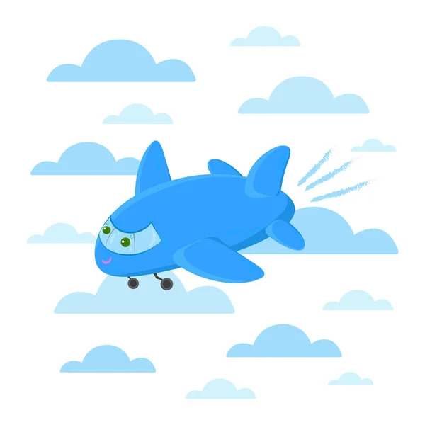 Lindo Dibujo Animado Avión Ilustración Cielo Con Nubes Aeronaves Personaje — Vector de stock