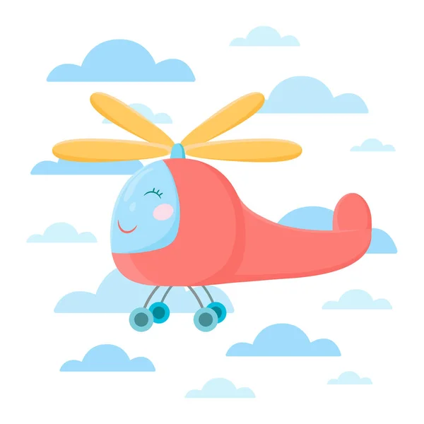 Cute Ilustracji Helikopter Kreskówki Niebie Chmurami Zabawny Charakter Dla Dzieci — Wektor stockowy