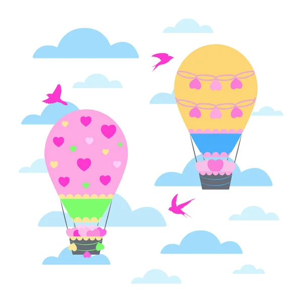 Ballons Air Romantique Mignon Illustration Avec Des Nuages Des Oiseaux — Image vectorielle