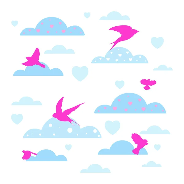 Clipart Romantique Mignon Avec Des Oiseaux Des Nuages Des Cœurs — Image vectorielle