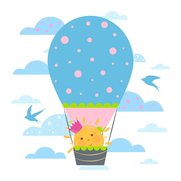 Cute Cartoon Air Balloon Illustration Cloudy Sky Funny Sun Basket — Stock Vector