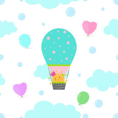 Bulutlu gökyüzünde hava balonu ve sepetinde komik güneş olan sevimli çizgi film deseni. Çocuk tasarımı. Seyahat, macera konsepti. Doğum günü süsü.
