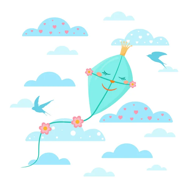 Cute Ilustracja Latawca Kreskówki Korony Kwiatów Pochmurne Niebo Projektowanie Dzieci — Wektor stockowy