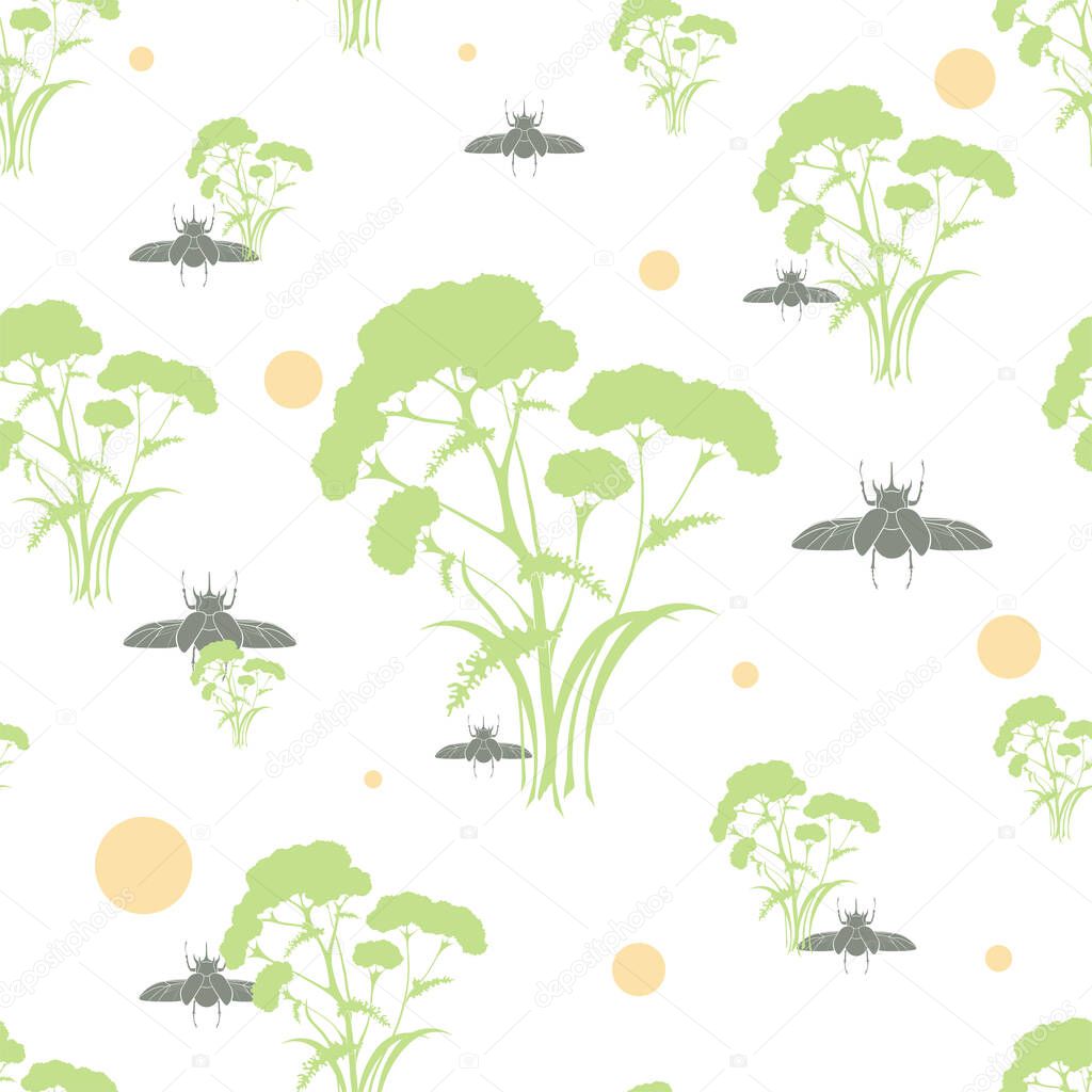 Seamless pattern with plants and bugs silhouettes