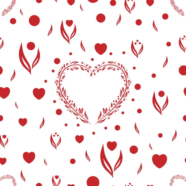 Kırmızı kalpler ve çiçek elementleriyle kusursuz desen. Beyaz ve şeffaf arkaplanda aşk süsü.