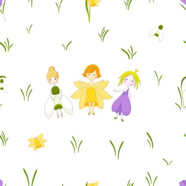 Bahar çiçekleri ve perilerle kusursuz desen. Peri kuyruklu sevimli çiçek desenli. Beyaz ve şeffaf arkaplanlar.