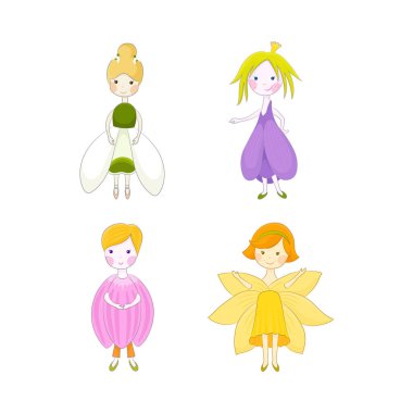 Tatlı çizgi film bahar perileri koleksiyonu. Çiçekli elf karakterleri. Orman ve bahçe yaratıkları.