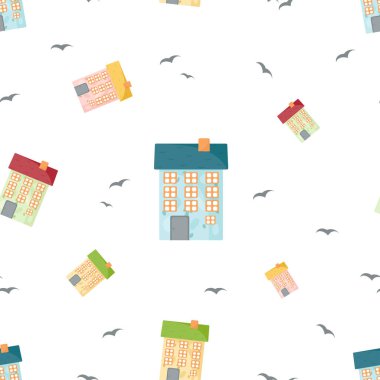 Beyaz ve şeffaf arka planda şirin evleri olan kusursuz bir desen. Şehir yaşamı kavramı.