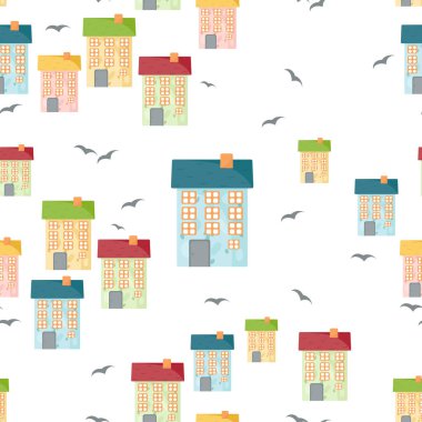 Beyaz ve şeffaf arka planda şirin evleri olan kusursuz bir desen. Şehir yaşamı kavramı.