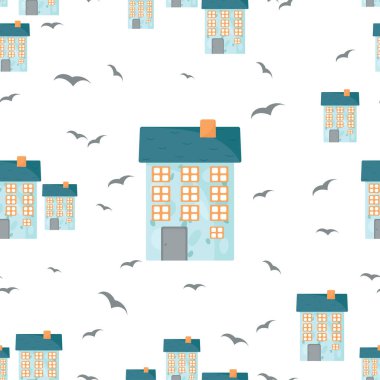 Beyaz ve şeffaf arka planda şirin evleri olan kusursuz bir desen. Şehir yaşamı kavramı.